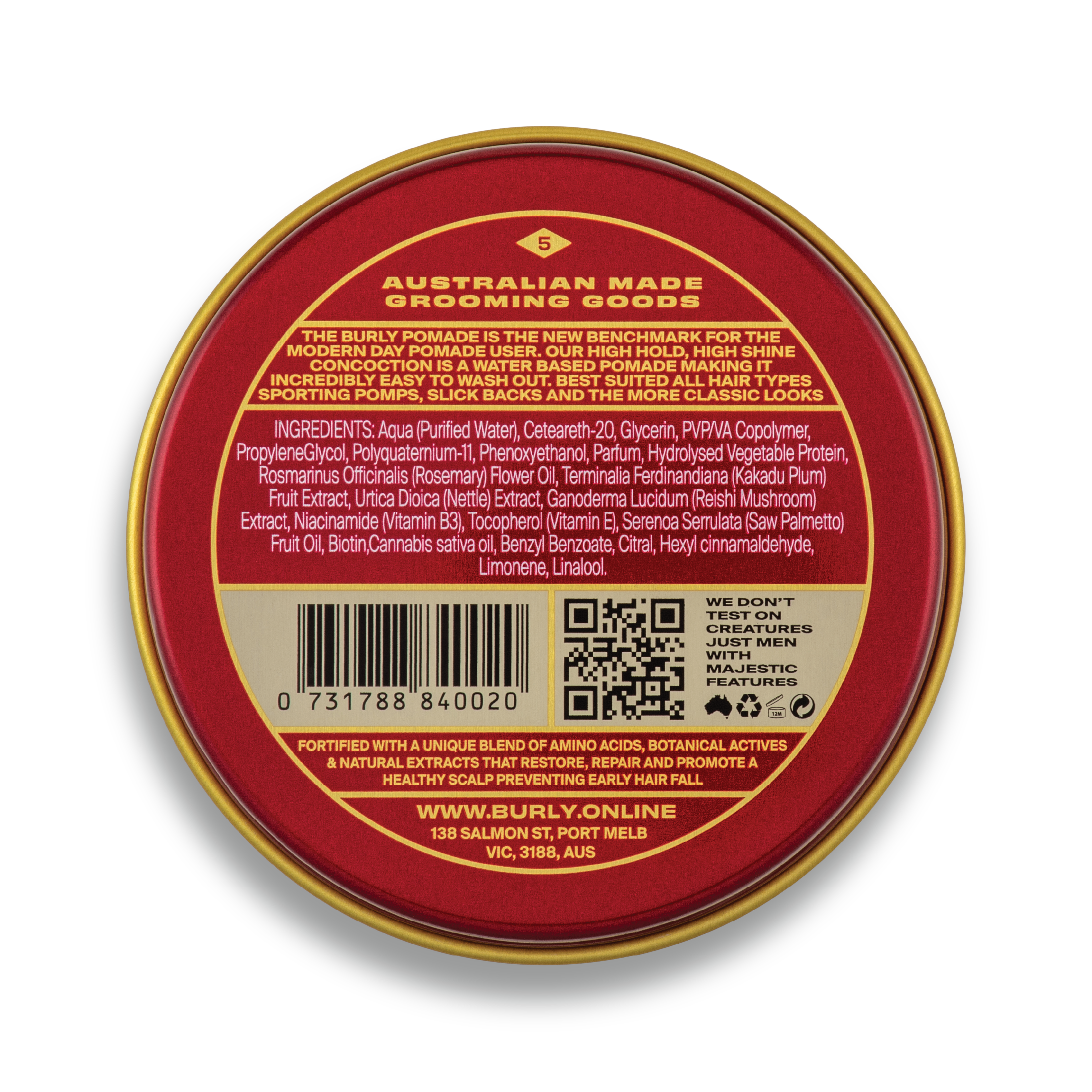 Australian Made Hair Pomade - 100ml - High Shine - Firm Hold - Water Based - BURLY